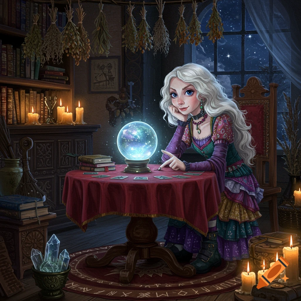 A young woman with long white hair in wacky clothes sits at a table with a glowing crystal ball and tarot cards in a witchy, candlelit room.