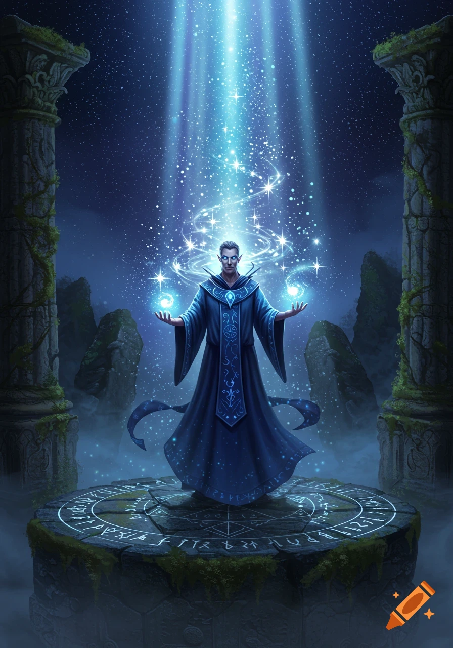 A male wizard in dark robes stands on an ancient runic platform, casting glowing blue magic under a starry sky amidst ruins.