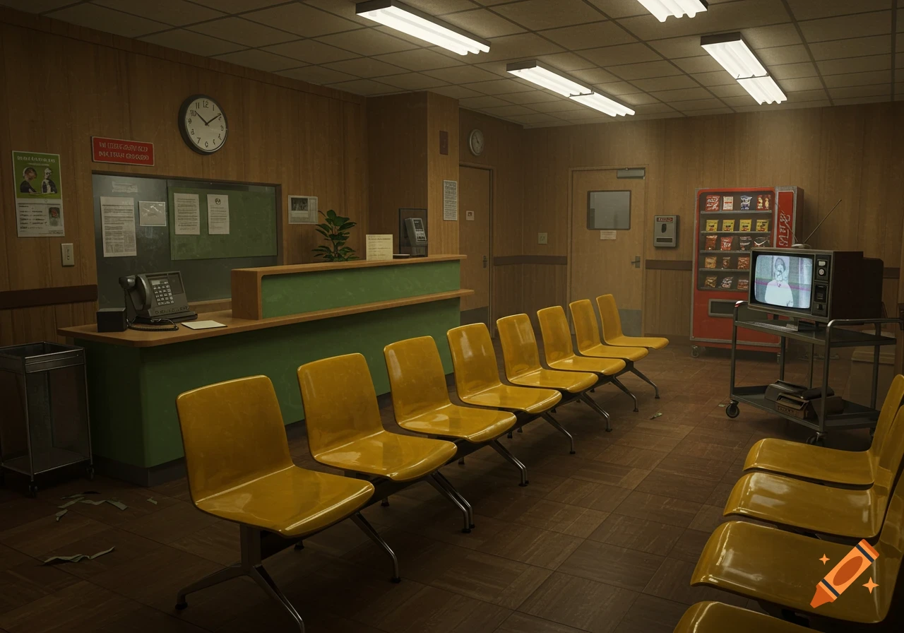 An empty, retro 70s-style emergency room waiting room with rows of yellow chairs, a green reception counter, a clock, a red vending machine, and an old television.