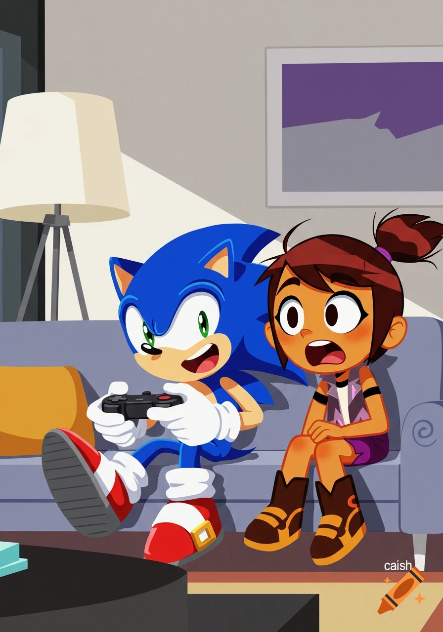 Cartoon illustration of Sonic the Hedgehog playing video games on a couch while Molly McGee watches, looking surprised.