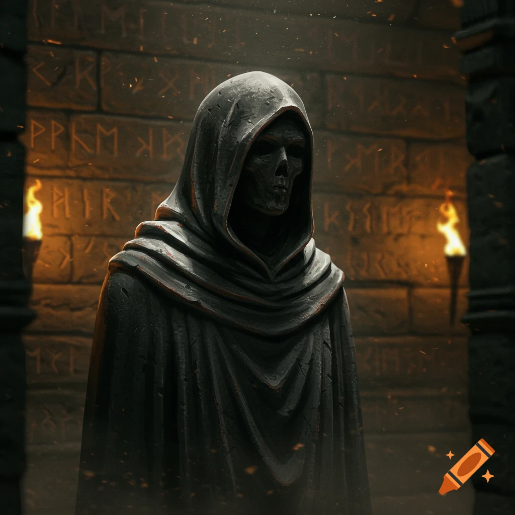 A hooded stone figure with a skull face stands in a dark ancient chamber with glowing runes and torches.