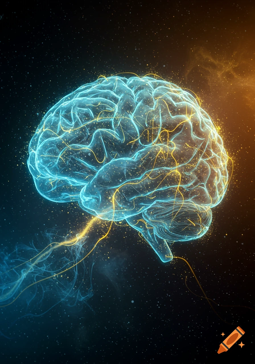 A glowing, translucent brain with intricate blue and yellow energetic connections on a dark, star-filled background.