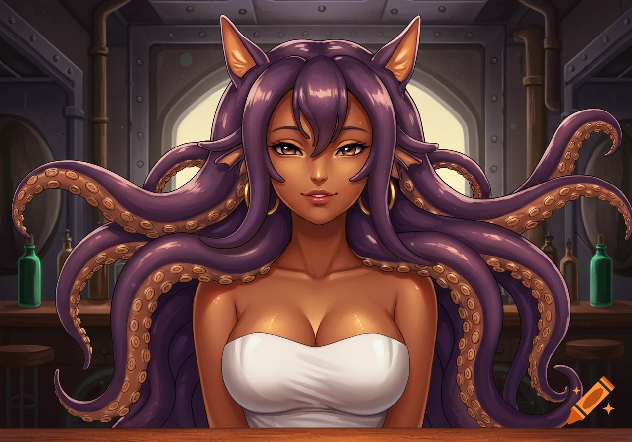 An anime-style seaslug woman with long purple octopus tentacles for hair and cat ears sits at a wooden bar in a steel tavern, wearing a white strapless dress.