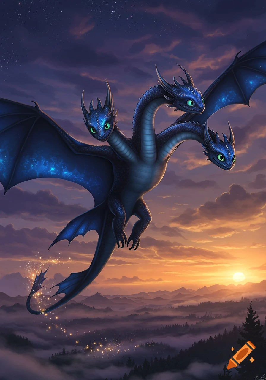 A three-headed blue dragon with green eyes flies over a misty forest at sunset, sparkling magic trails from its tail.