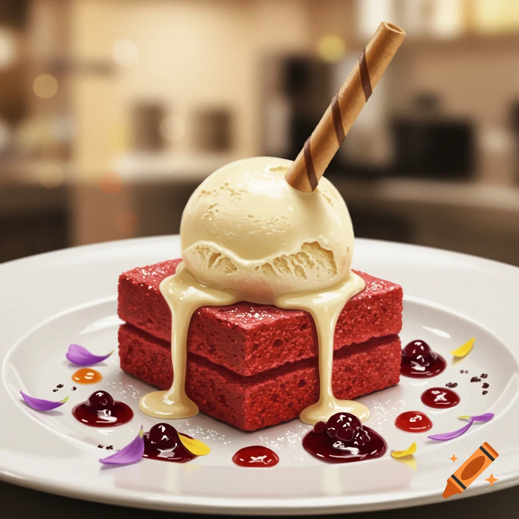 A photorealistic dessert on a white plate with red cake, melting vanilla ice cream, a wafer stick, berry sauce, and flower petals.