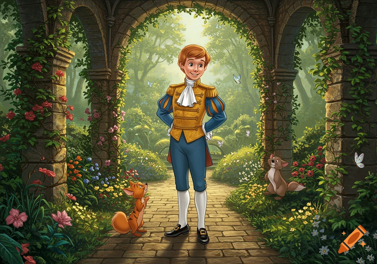 An animated boy prince in a gold and blue uniform stands smiling in a lush, arched garden with cartoon animals and butterflies.