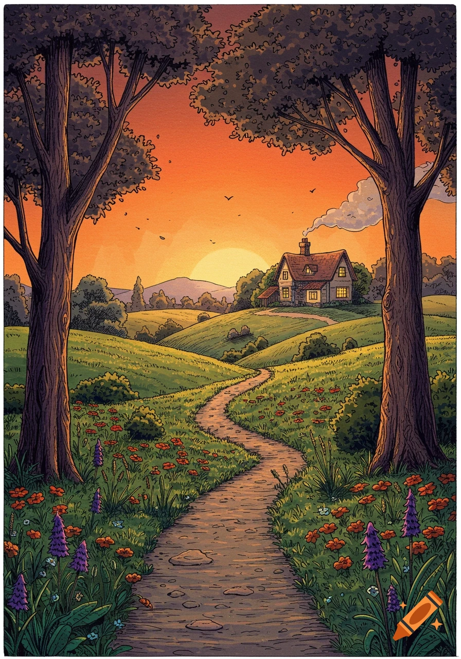 Vibrant illustration of a winding path through green hills, leading to a cozy house under an orange sunset. Trees frame the scene with flowers.