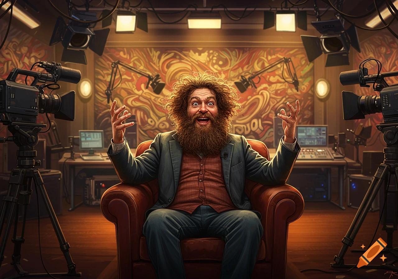 A smiling, wild-haired, bearded man enthusiastically gestures in a brightly lit broadcast studio with cameras.