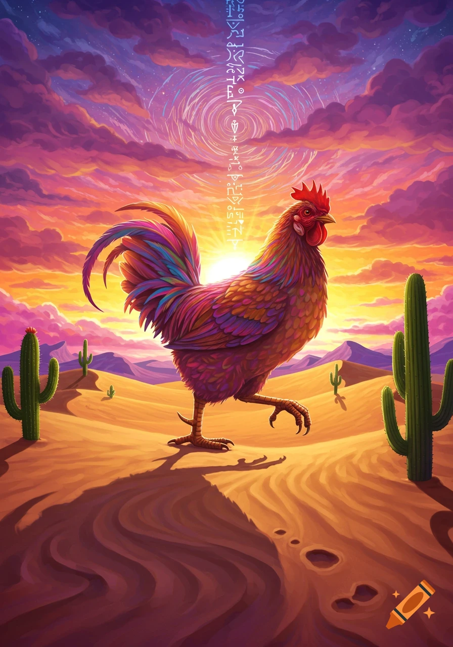 A vibrant, colorful rooster strides through a psychedelic desert landscape at sunset, with towering cacti and ancient symbols in the sky.