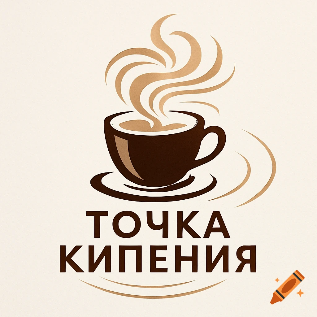 Stylized logo of a dark brown coffee cup with steam rising, on a saucer, with the Russian text 'ТОЧКА КИПЕНИЯ' below.