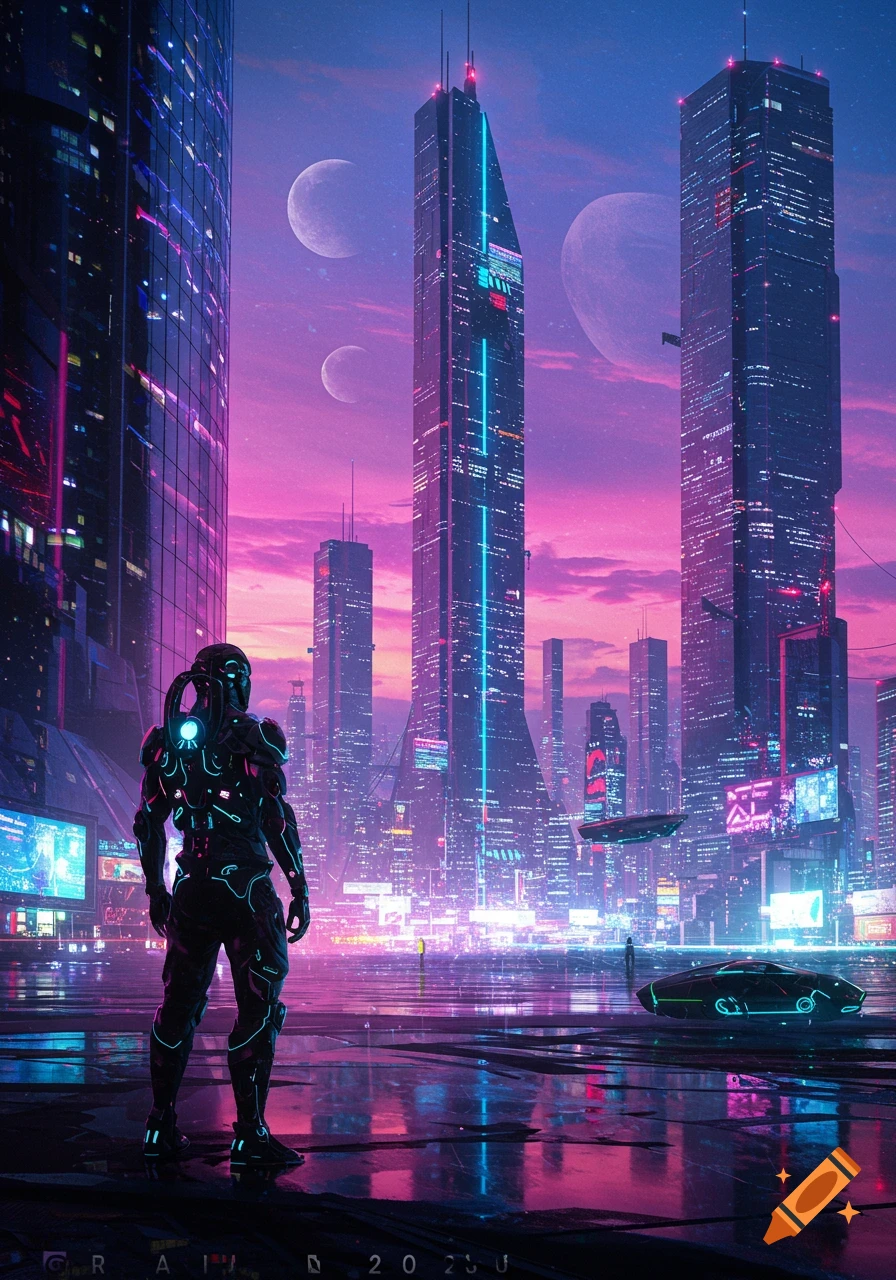 A person in a glowing black armored suit stands in a futuristic city at sunset, with neon-lit skyscrapers, flying vehicles, and large moons in a purple sky.