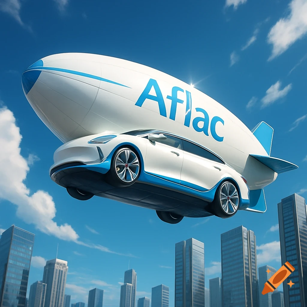 A photorealistic white and blue blimp-car hybrid with 'Aflac' on its side, flying over a modern city skyline against a blue sky.