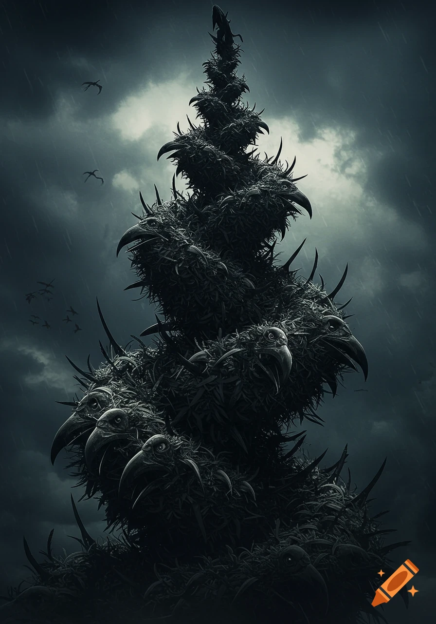 Photorealistic horrific spire made of black feathers and bird beaks under a stormy, dark sky.