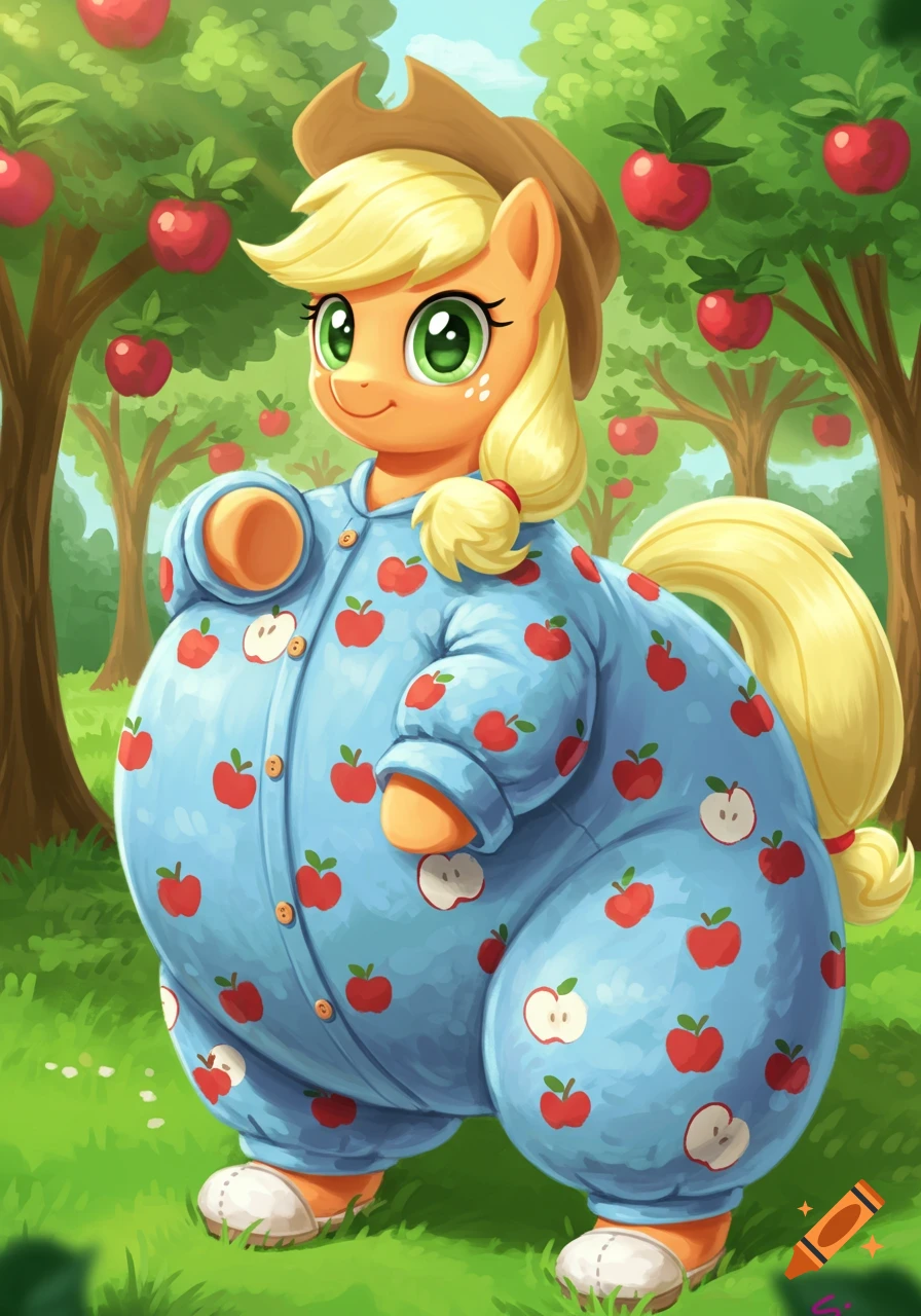 Applejack from My Little Pony wears large blue apple-patterned footie pajamas in an apple orchard, looking happy.
