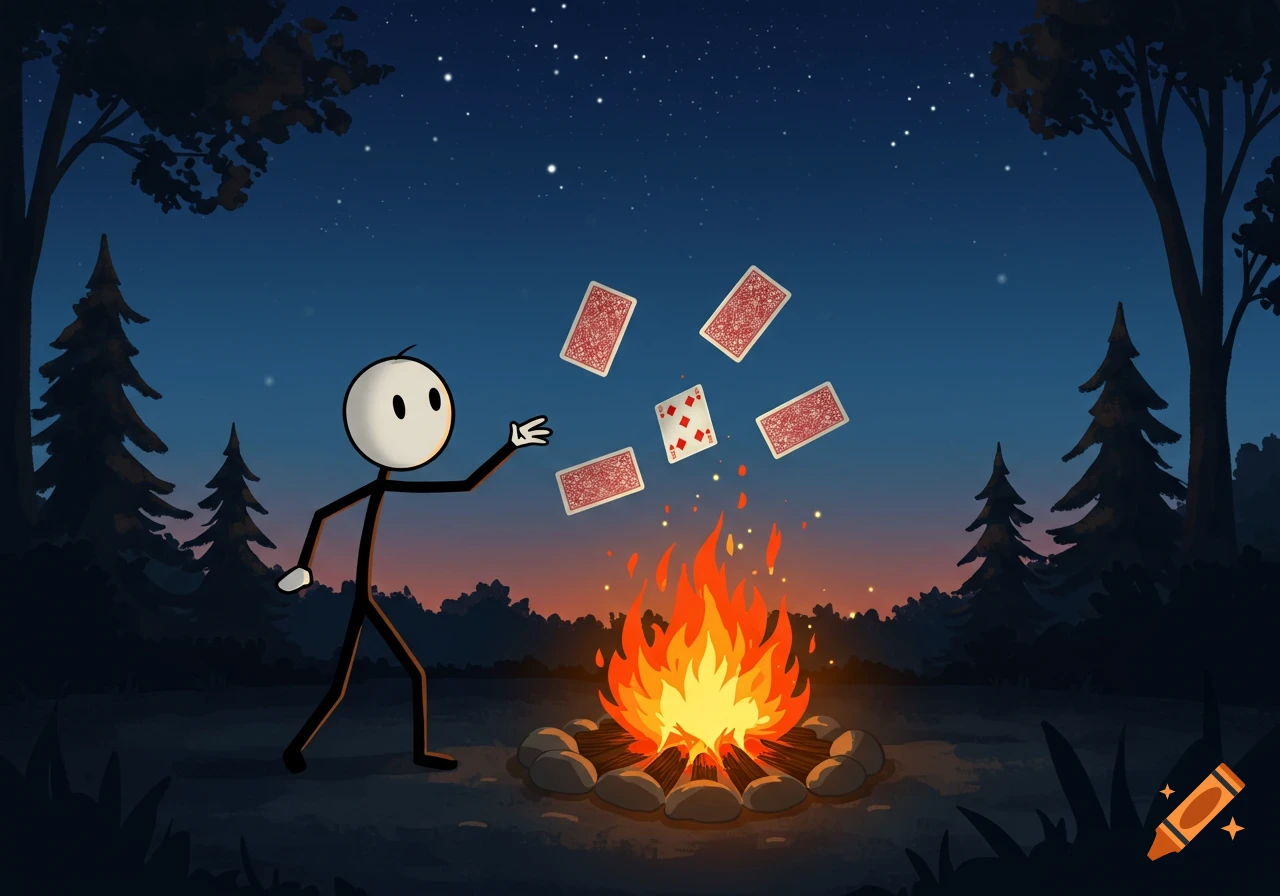A cartoon stickman throws playing cards into a blazing campfire under a starry night sky in a forest.