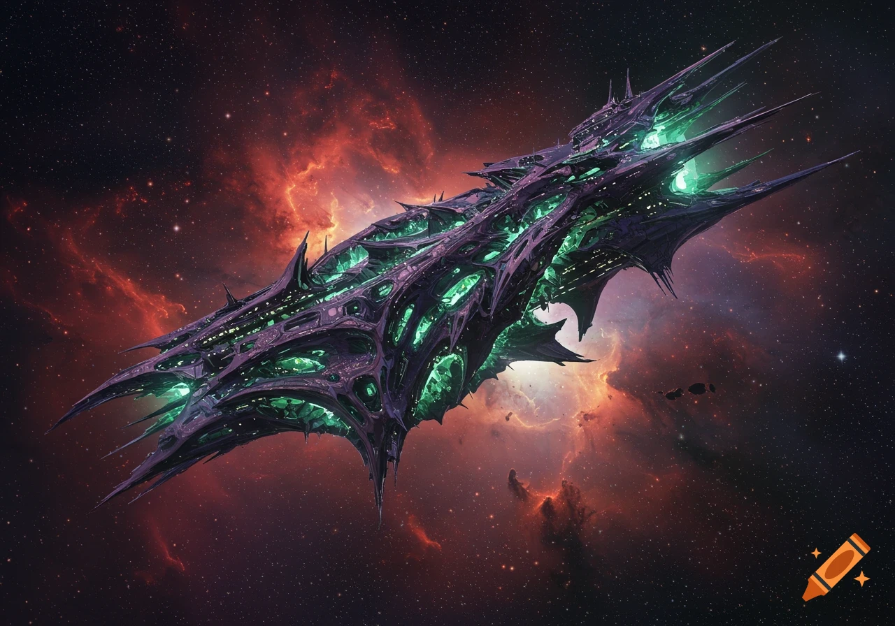 A detailed, dark alien warship with glowing green lights, set against a vibrant red and orange nebula in deep space.