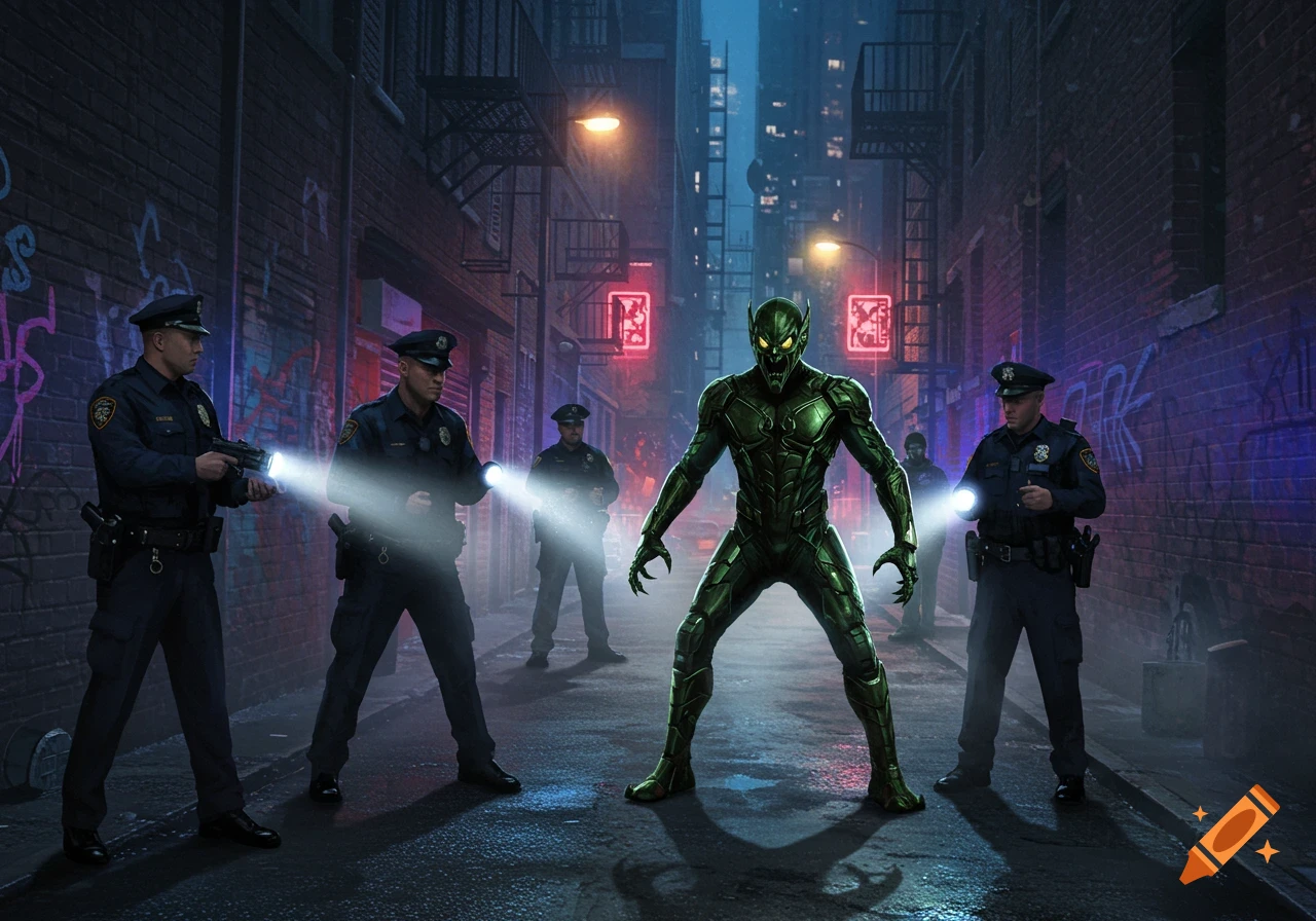 Green Goblin with sharp claws and glowing eyes confronts police officers holding flashlights in a dark, graffiti-covered city alley.