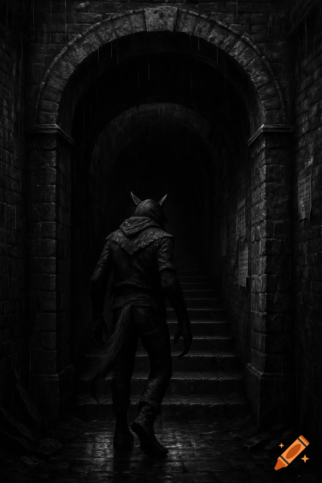 A dark, monochrome image of a werewolf walking down stairs into a crypt-like entrance in the rain, styled like a dark fantasy game.