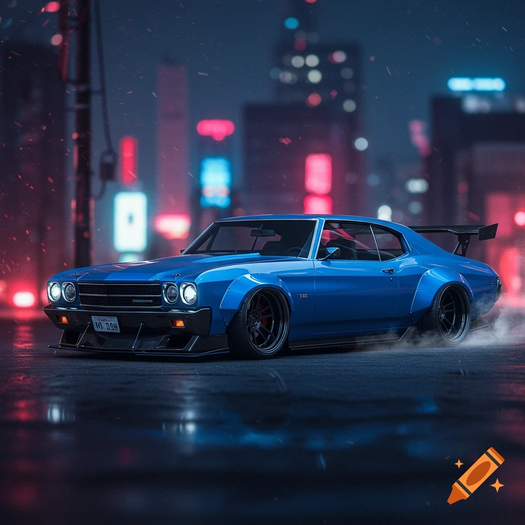 Blue 1969 Chevrolet Chevelle with a wide body kit and dark rims, parked on a wet city street at night with neon lights in the background.