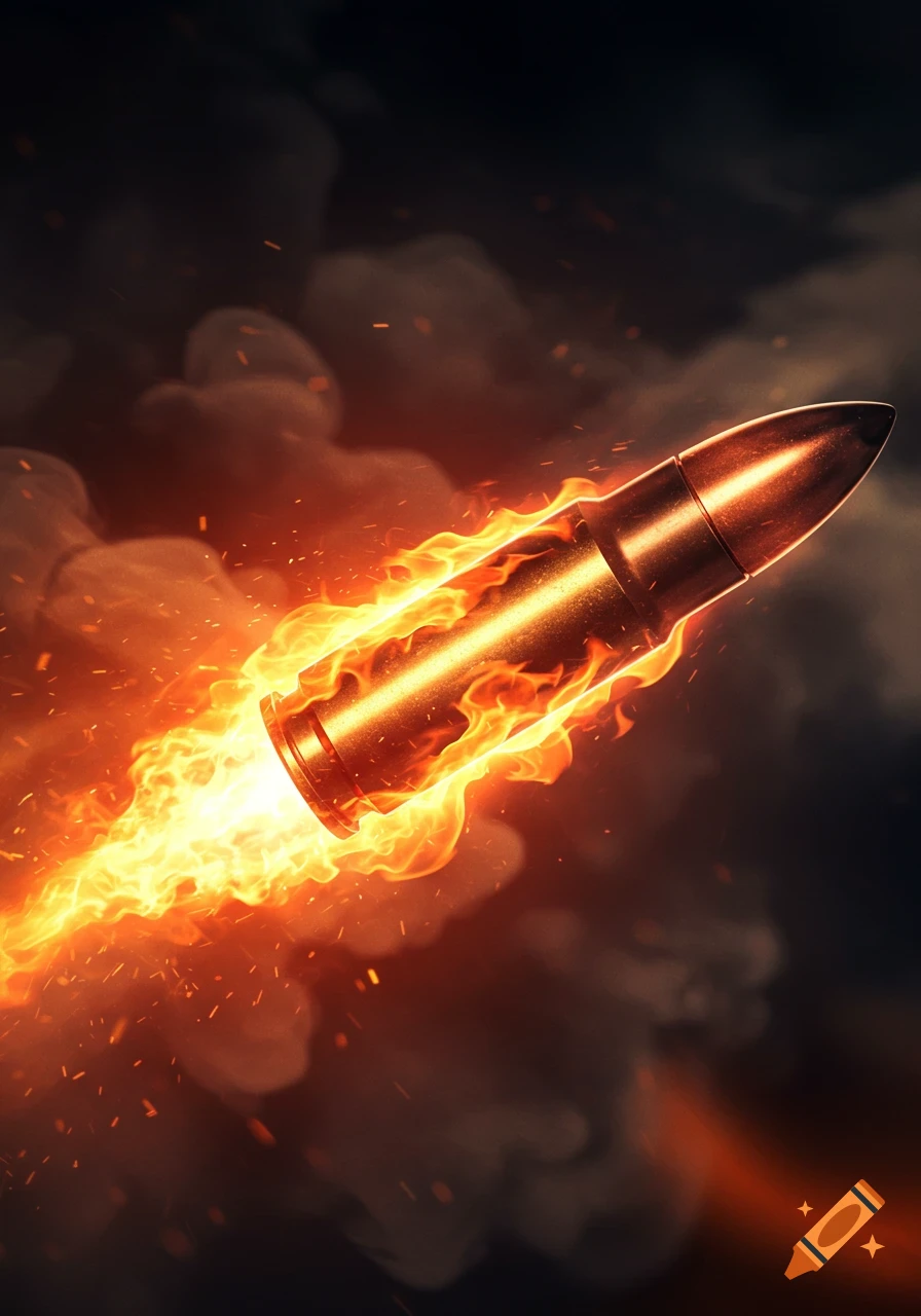A golden bullet engulfed in bright orange flames and smoke, flying diagonally against a dark background.