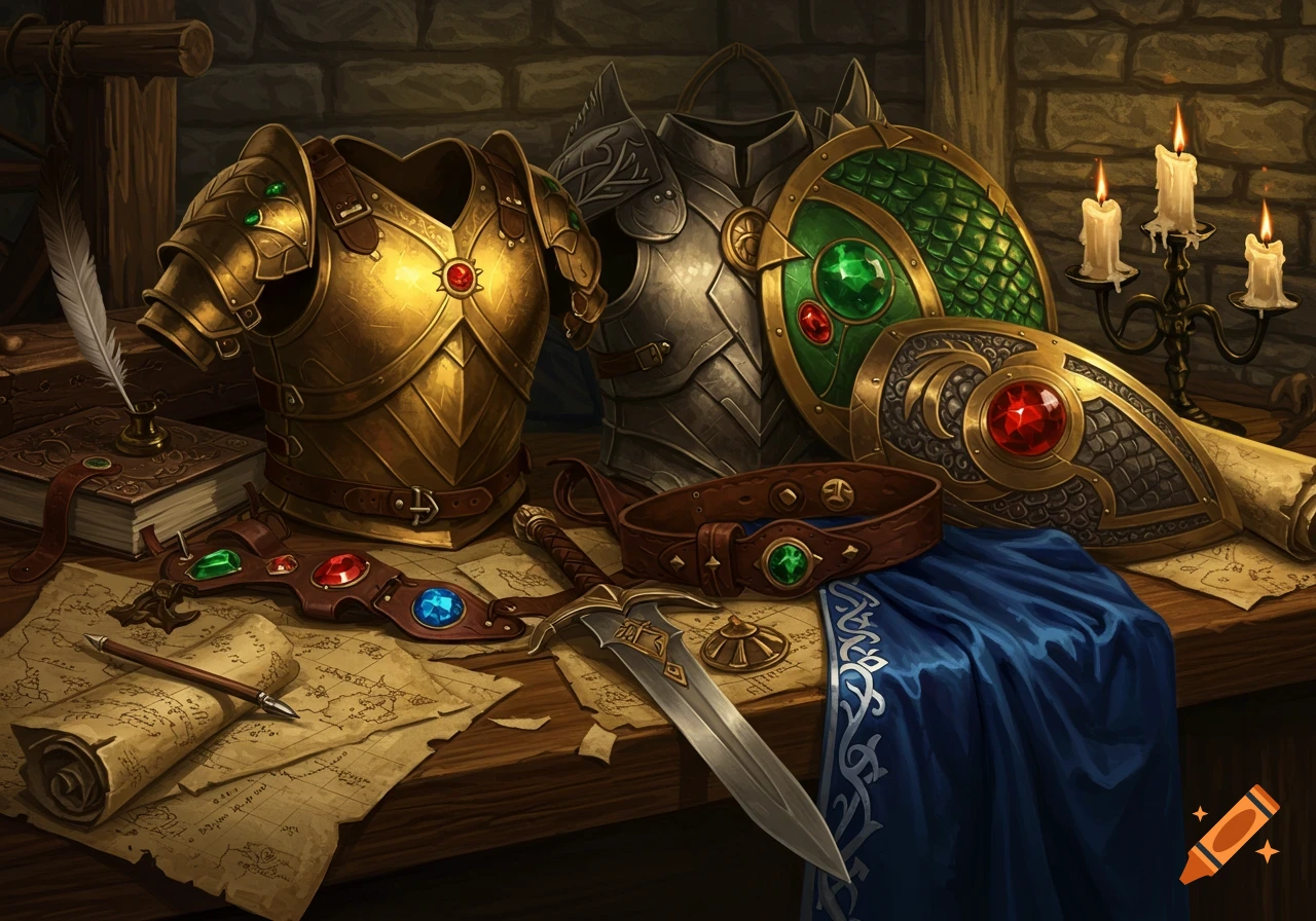 Fantasy still life with gold and silver armor, gem-studded shields, a sword, maps, quill, and candles on a wooden table.
