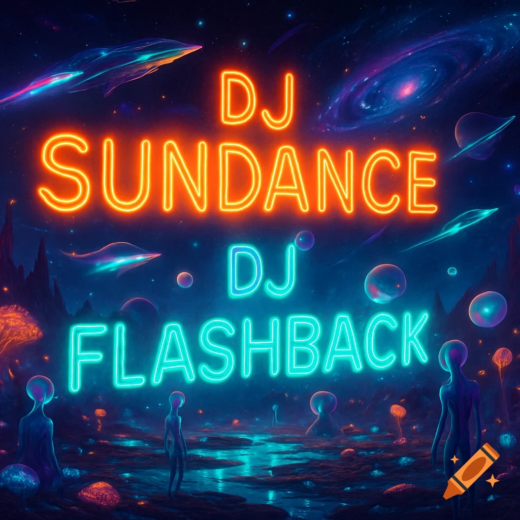 A futuristic alien landscape with neon signs 'DJ SUNDANCE' and 'DJ FLASHBACK', spaceships, and aliens.
