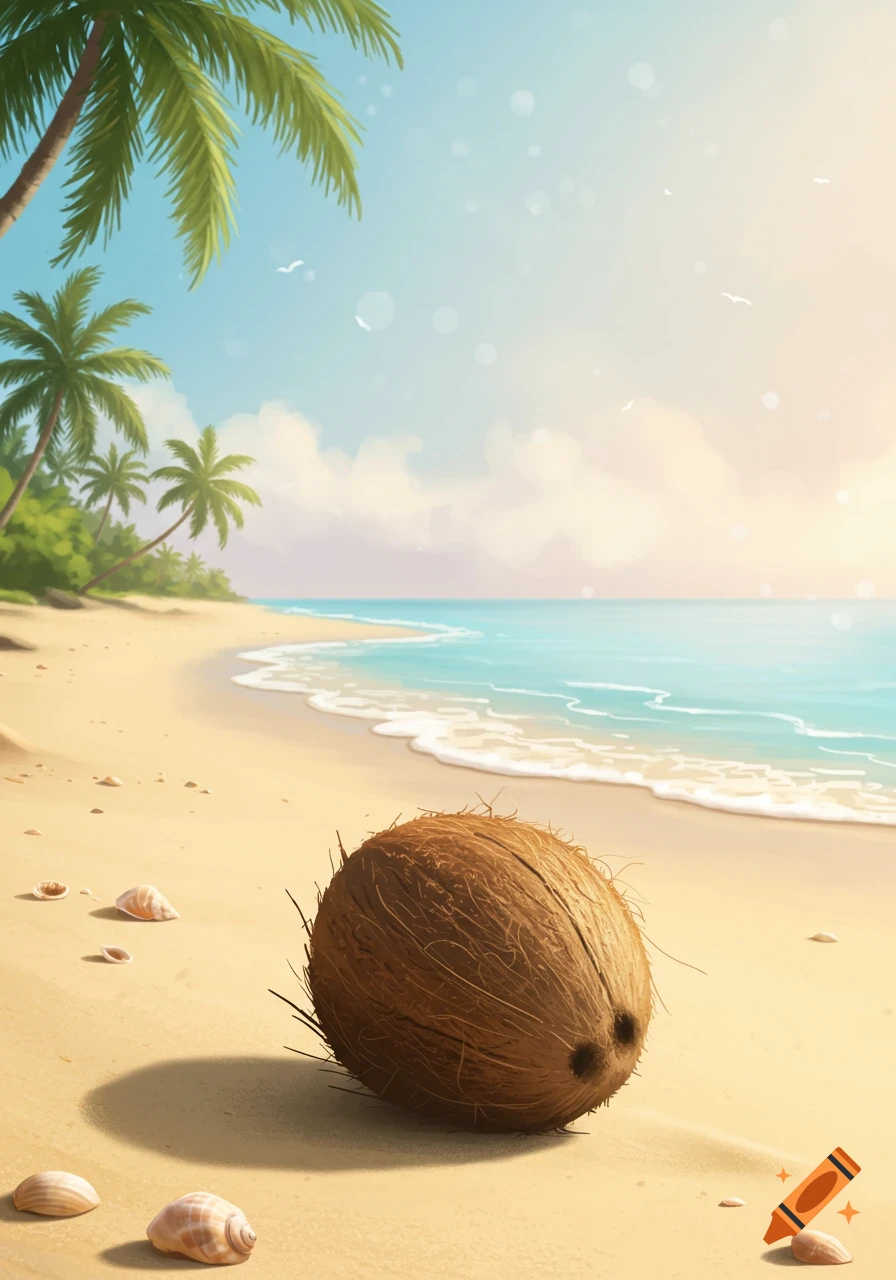 Stylized illustration of a tropical beach with a coconut, seashells, palm trees, and ocean waves under a sunny sky.