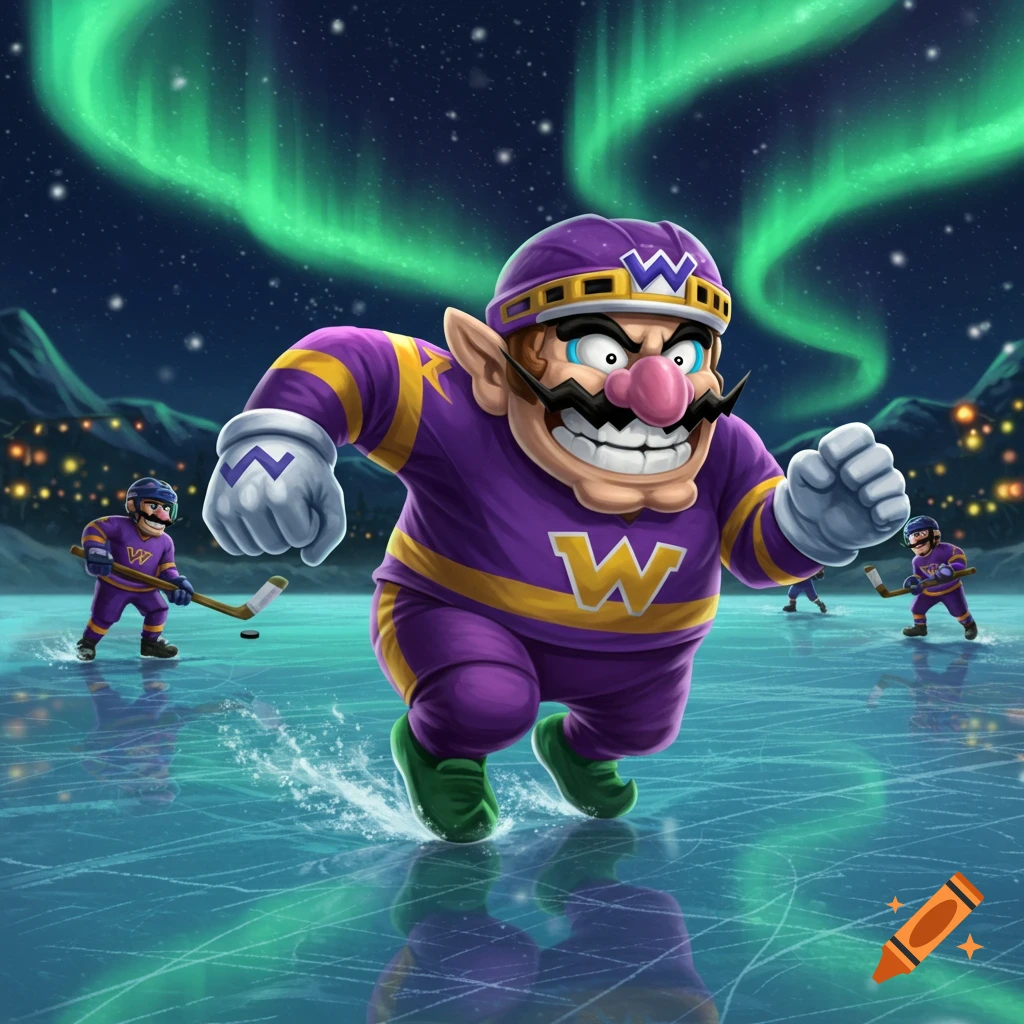 Wario, wearing a purple and yellow hockey uniform, skates across an ice rink under the northern lights, with other players in the background.