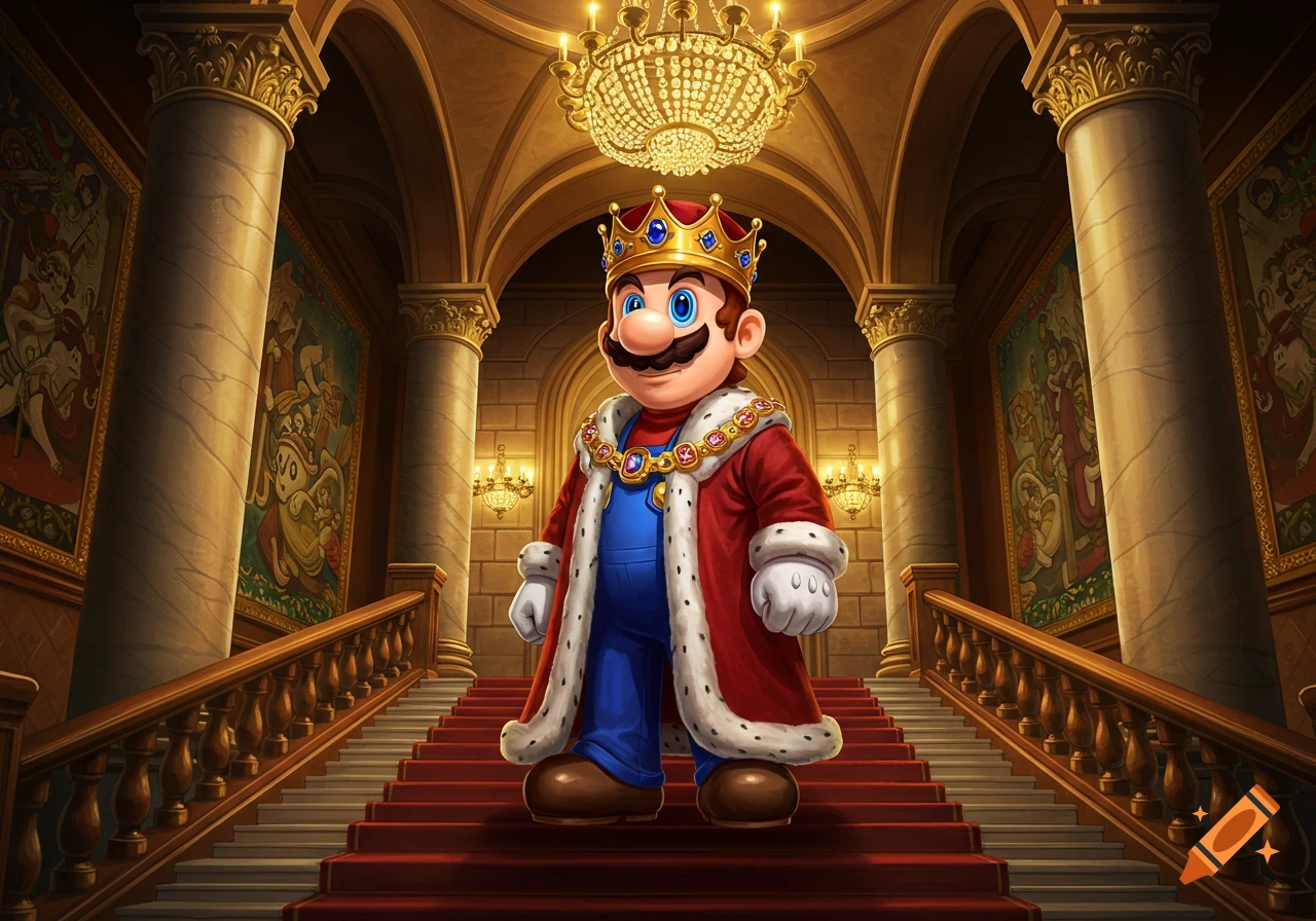 Mario as a king, dressed in a red and white fur-lined robe and gold crown, stands on a grand red carpeted staircase in an ornate hall.