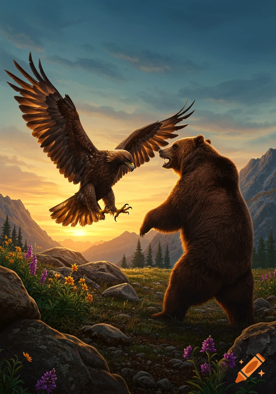A golden eagle with outstretched wings confronts a grizzly bear standing on its hind legs in a rocky mountain landscape at sunset, digital painting.