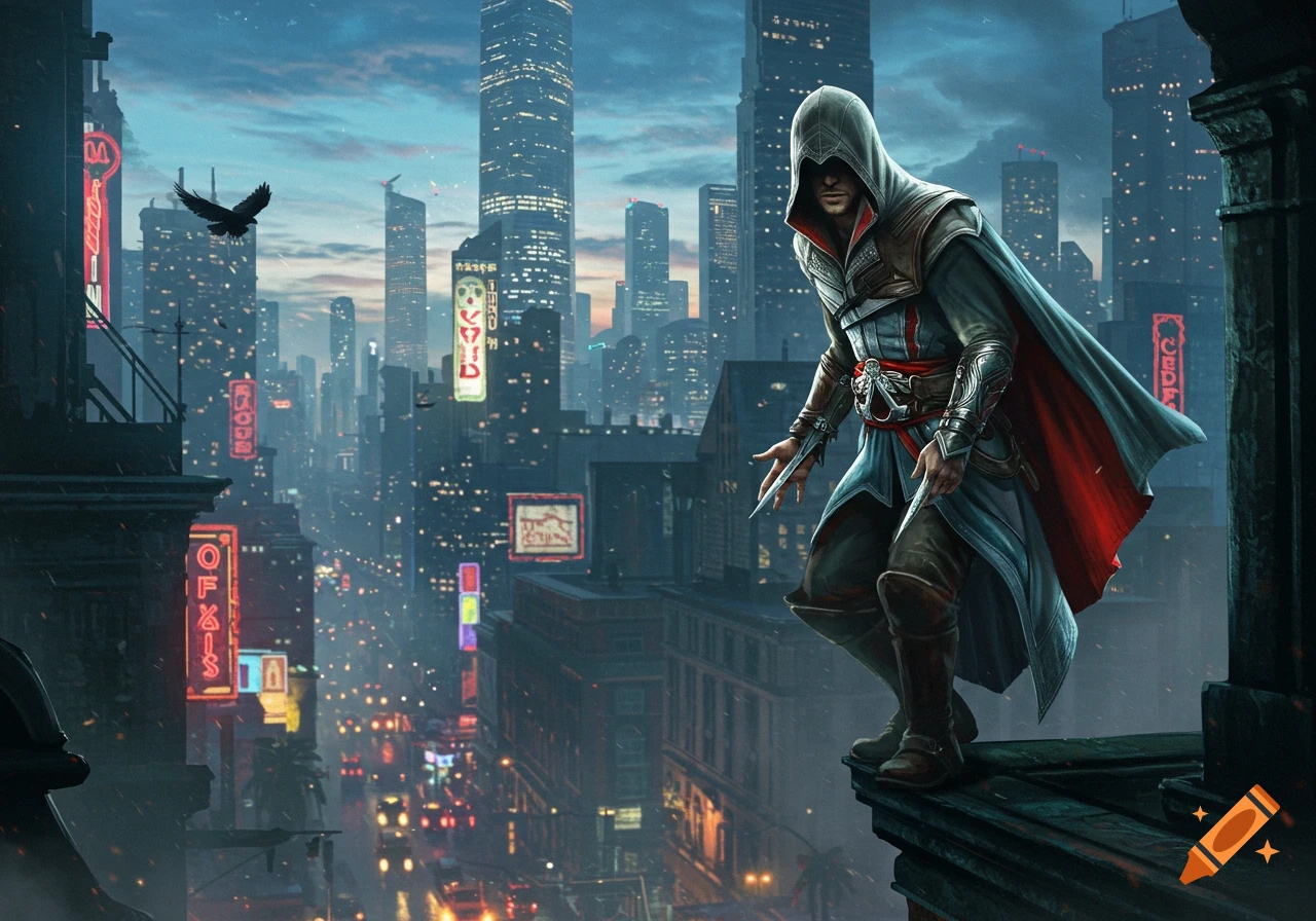A hooded assassin with hidden blades stands on a rooftop overlooking a vibrant, neon-lit modern city at dusk, with a crow flying.