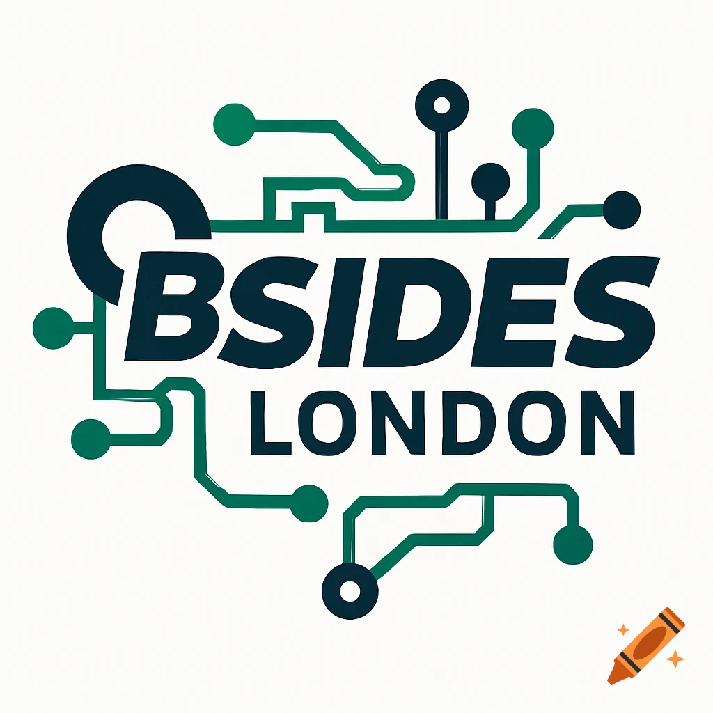 Logo for BSides London with dark teal text and a green circuit board design on a white background.