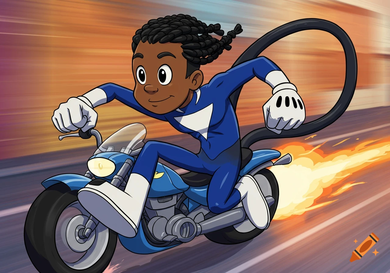 A cartoon superhero with braided hair and a blue and white suit rides a motorcycle so fast his body stretches and the ground catches fire.