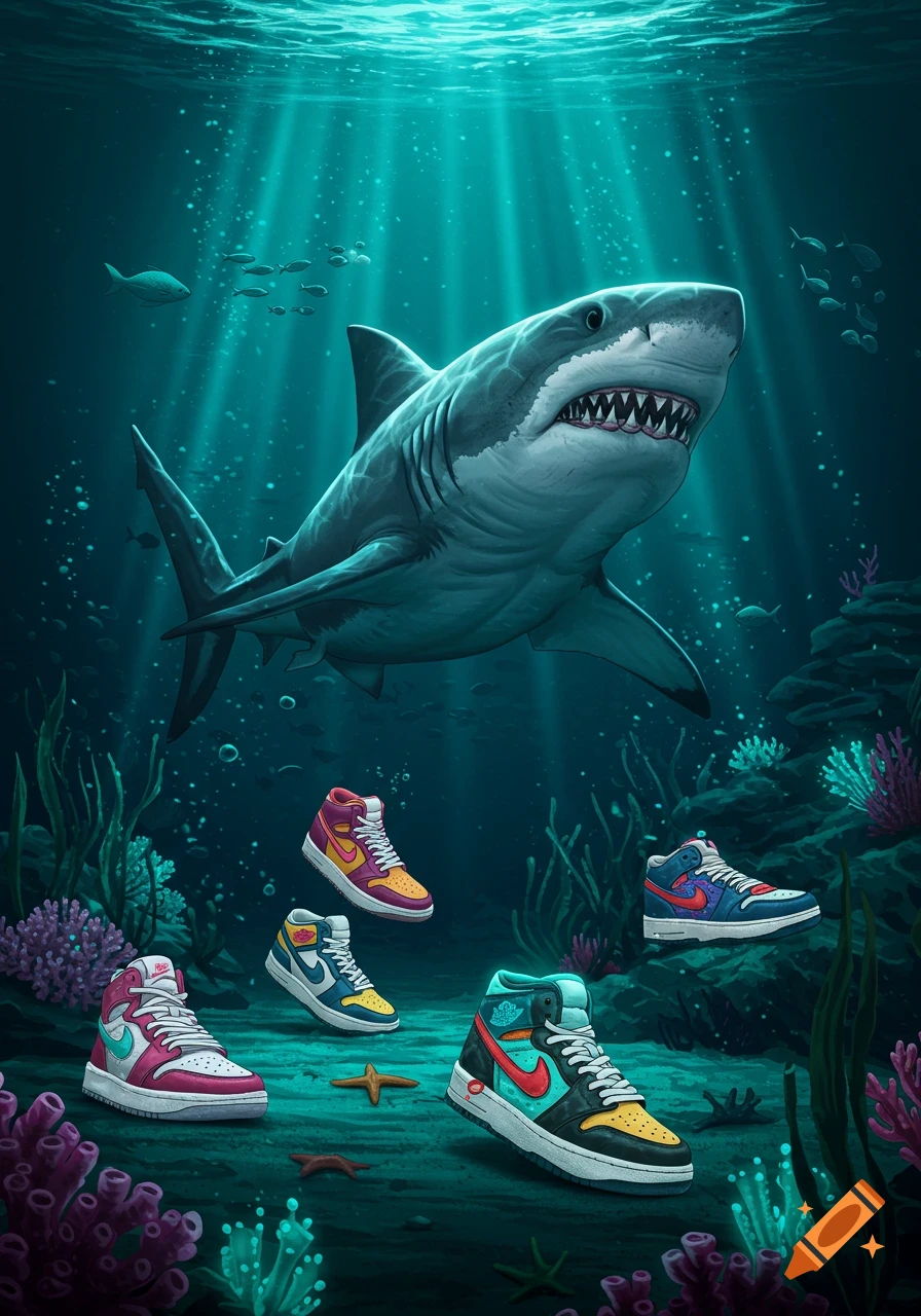 Great white shark swims above colorful sneakers on a vibrant coral reef seabed, stylized illustration.