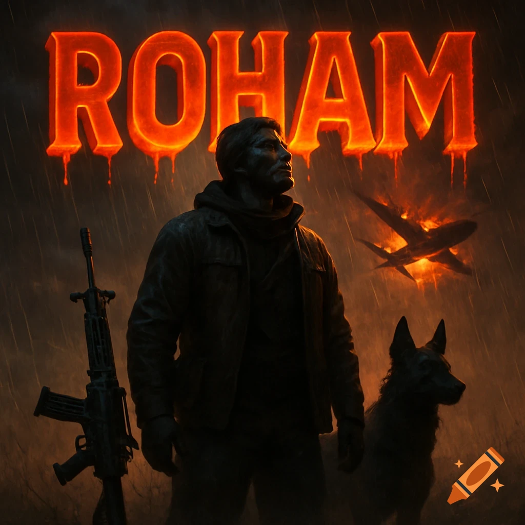 A man, his dog, and a rifle stand in dramatic rain with a burning plane in the background. Glowing text 'ROHAM' appears above.