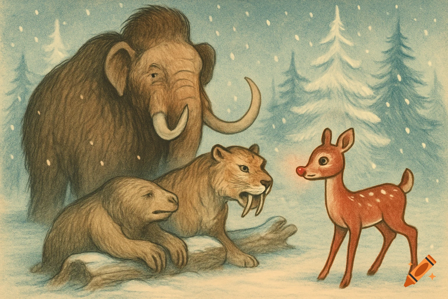 A classic illustration of a woolly mammoth, sabertooth tiger, and ground sloth watching a red-nosed fawn in a snowy forest.