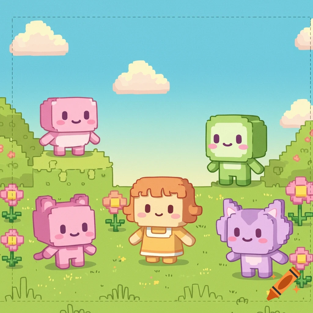 Five adorable pixel art creatures, including a pink block, a green block, a person, a bear, and a cat, stand in a vibrant green landscape with pink flowers under a blue sky.