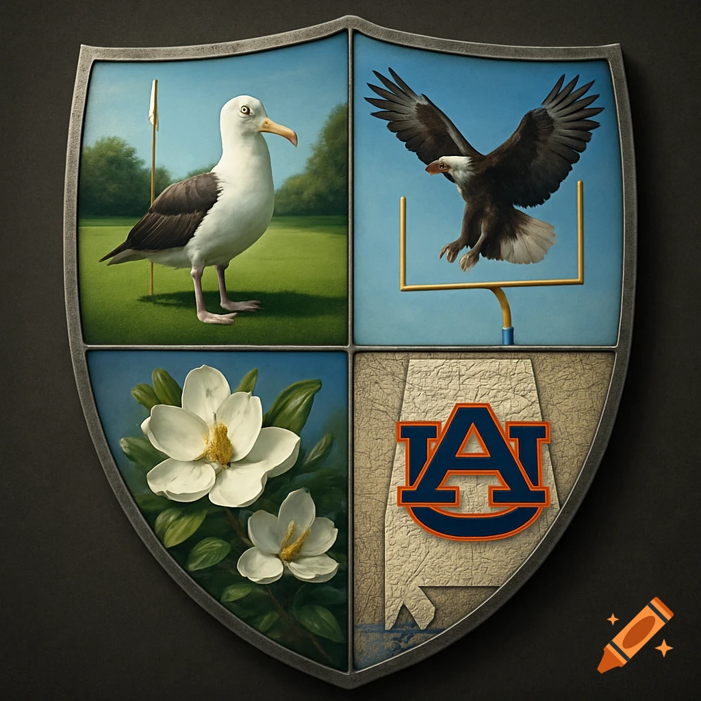A shield divided into four quadrants. Top left shows a seagull on a golf course. Top right features a bald eagle flying over a football goalpost. Bottom left displays magnolia flowers. Bottom right has the Auburn University logo on a textured map of Alabama.
