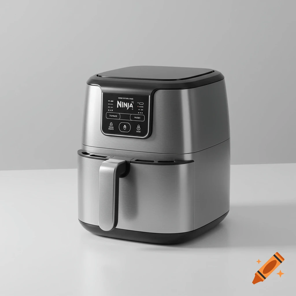 Photorealistic Ninja air fryer with a brushed metal finish on a white background.