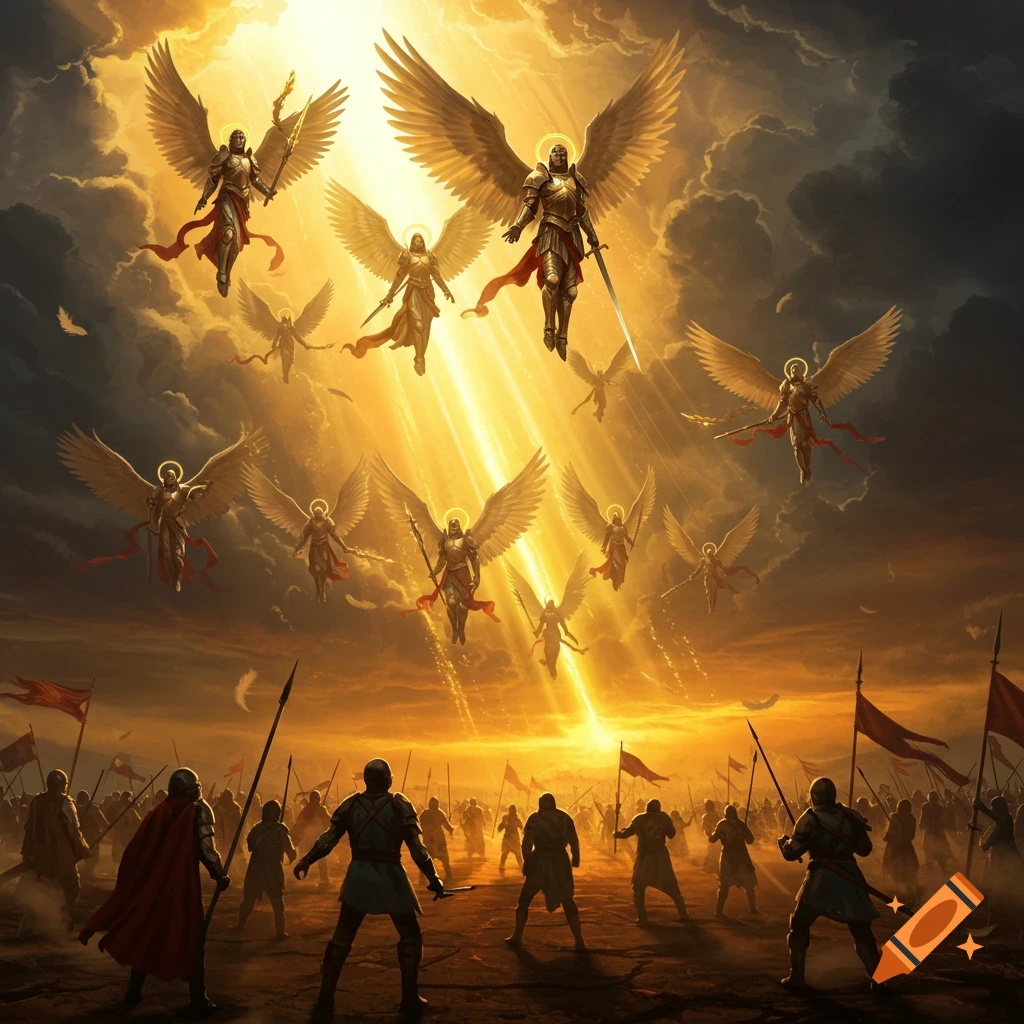 Angelic armies with golden wings and armor descend from a bright, cloud-filled sky onto a battlefield where human warriors stand ready.
