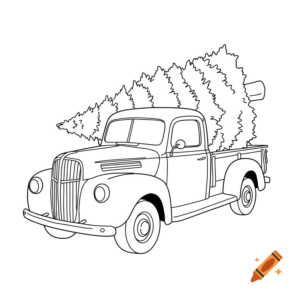 A black and white line art coloring page of a vintage truck carrying a Christmas tree in its bed.