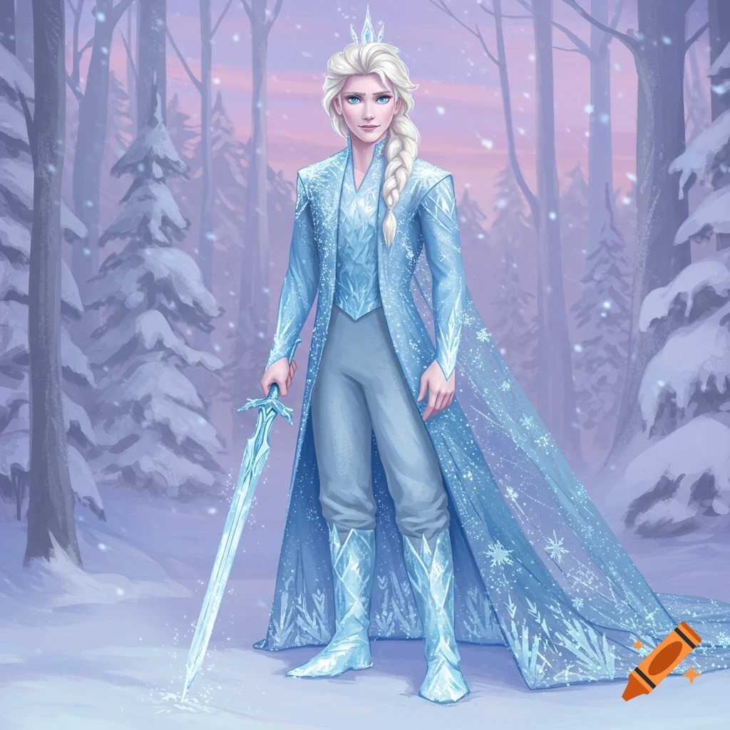 A female character resembling Elsa from Frozen, with blonde braided hair, wears a sparkling blue ice-themed outfit and holds a glowing sword in a snowy forest.
