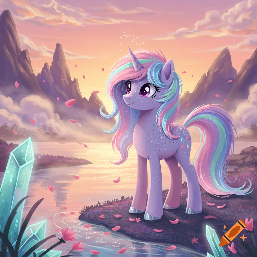 A vibrant cartoon unicorn with a rainbow mane stands by a shimmering lake at sunset, surrounded by mountains, falling petals, and glowing crystals.