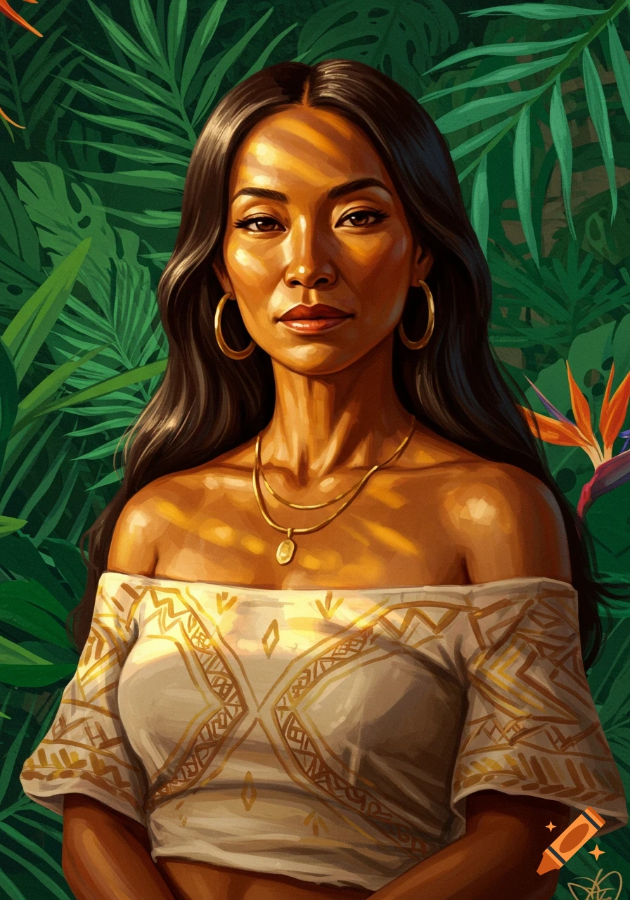 Stylized portrait of a woman with dark hair, gold jewelry, and a patterned top, in tropical foliage with striped sunlight.