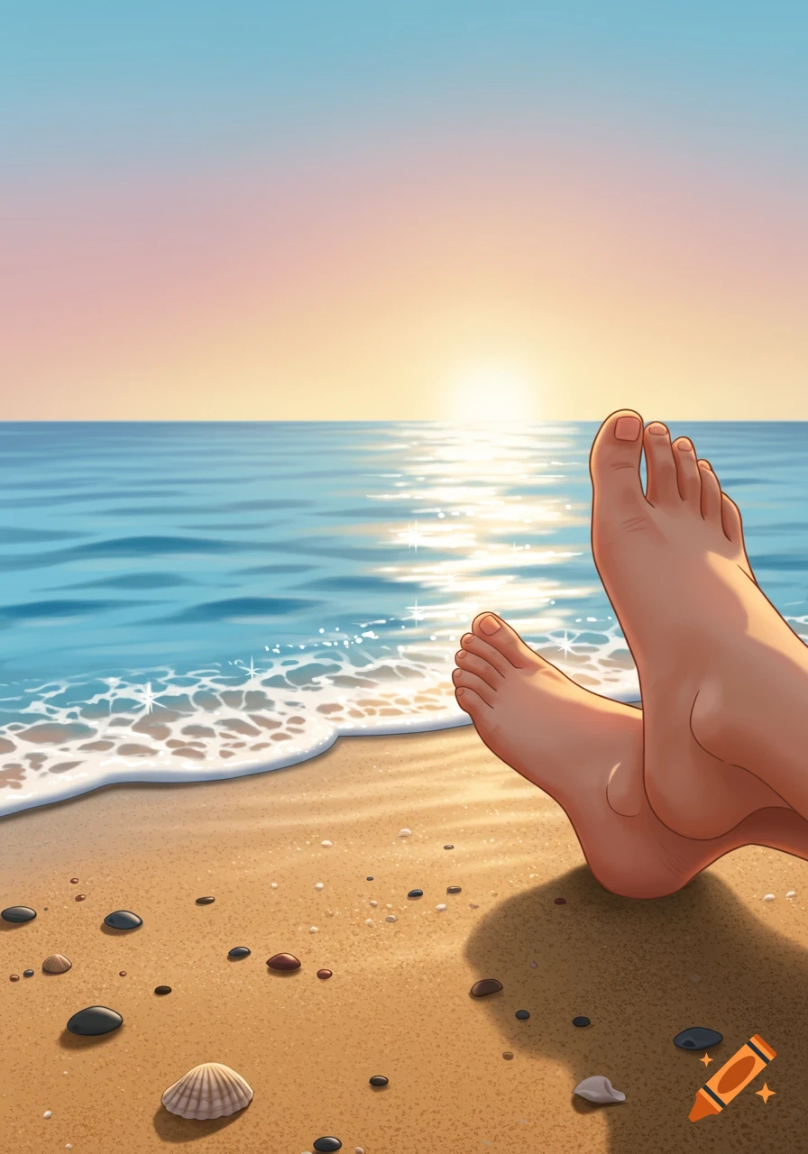 Illustrated view of bare feet relaxing on a sandy beach at sunset, with waves gently washing ashore.