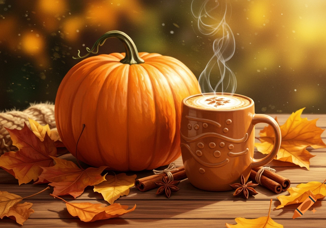 Photorealistic image of a pumpkin, a steaming latte with leaf art, autumn leaves, cinnamon sticks, and star anise on a wooden table.