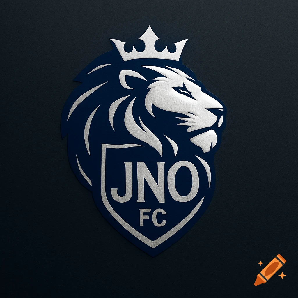 Dark blue and silver logo featuring a crowned lion's head in profile, overlaying a shield with 'JNO FC' text.