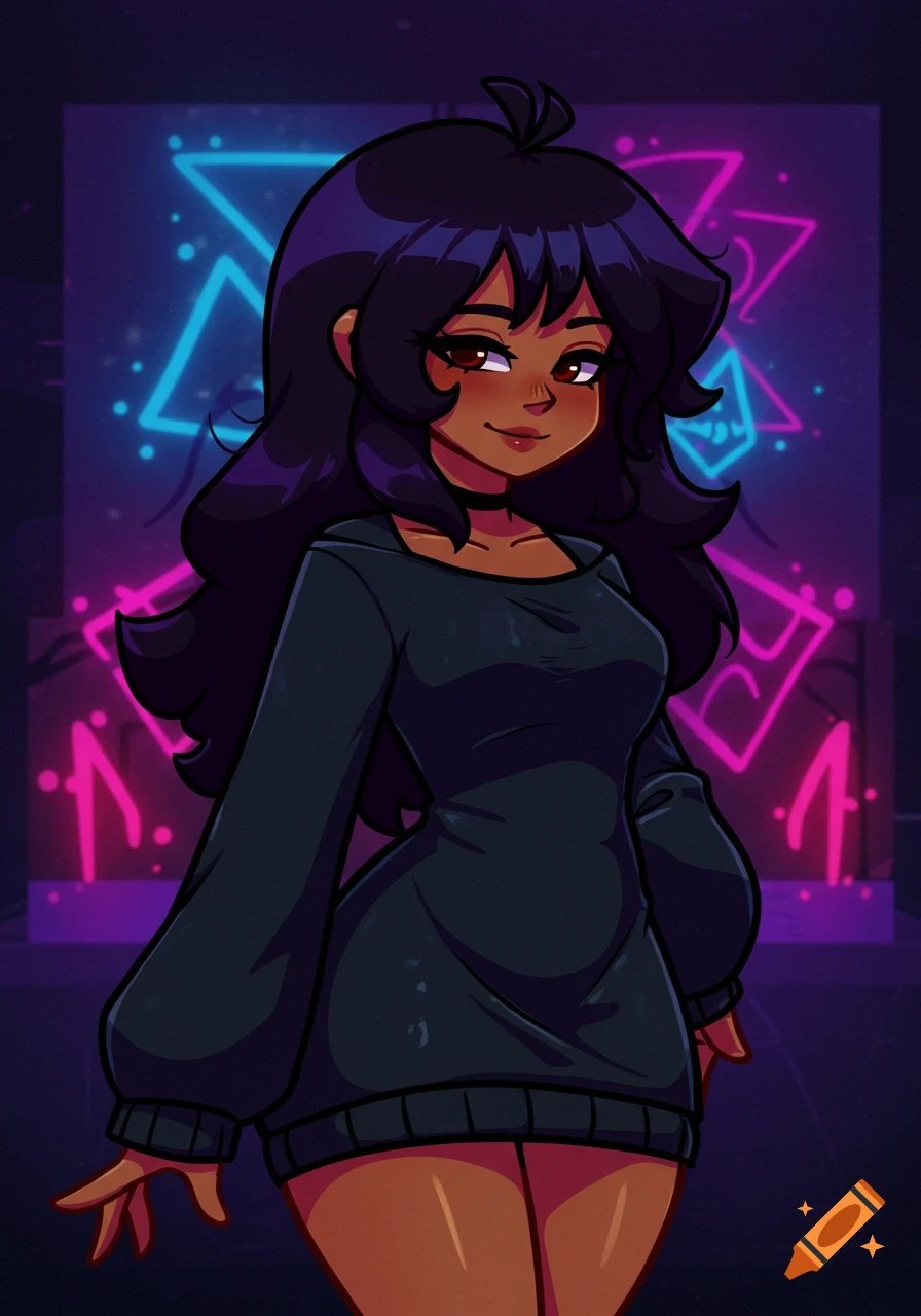 A stylized cartoon character with dark hair and brown skin in a black sweater dress, smiling against a neon geometric background.