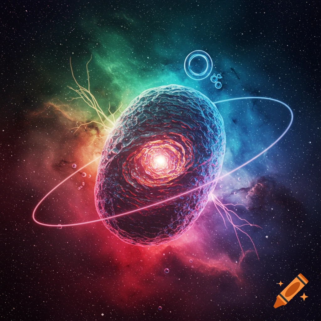 A vibrant, abstract cosmic cell or orb with a glowing core, surrounded by nebulae, stars, and neon rings and tendrils.
