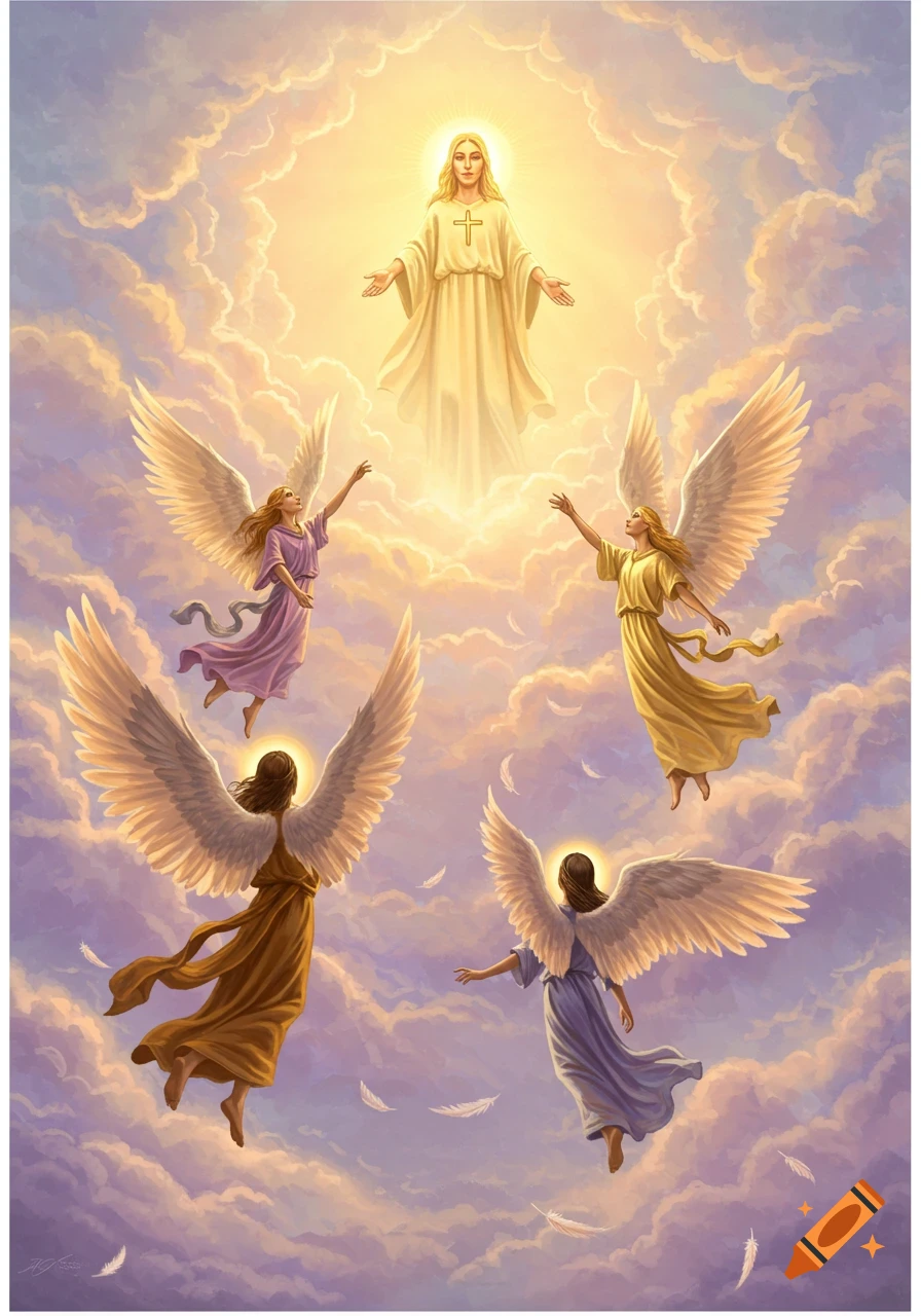 A divine figure in glowing light floats above four angels with large white wings, all ascending through a cloudy, golden sky in a realistic painting.